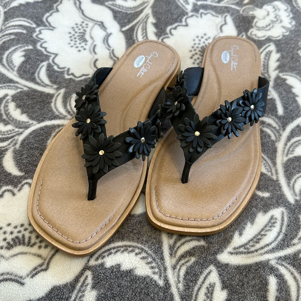 Marigold Leather Flower Appliqued Thong Sandals